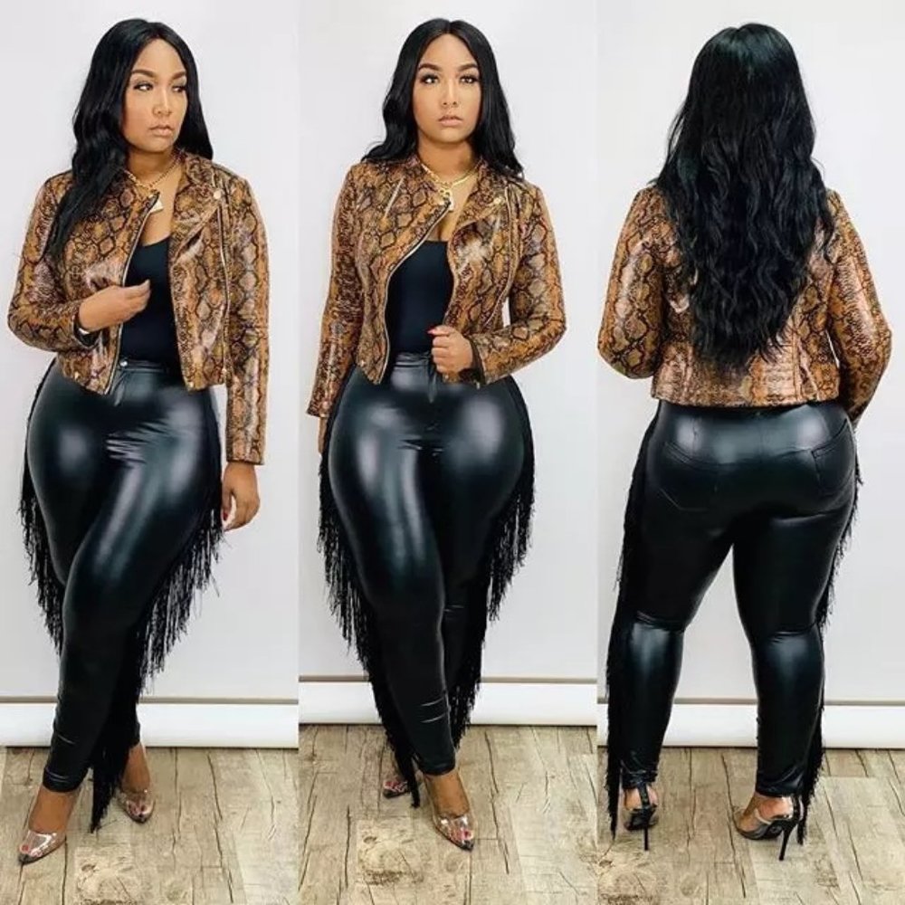 Tassel Design Fringe Leather Plus Size Split Hem Pants